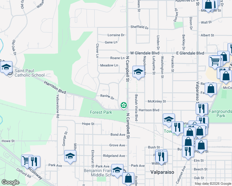 map of restaurants, bars, coffee shops, grocery stores, and more near 552 Ravine Drive in Valparaiso