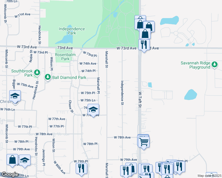 map of restaurants, bars, coffee shops, grocery stores, and more near 7507 Marshall Street in Merrillville