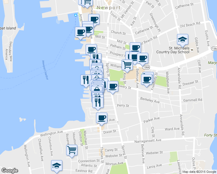 map of restaurants, bars, coffee shops, grocery stores, and more near 37 Howard Street in Newport