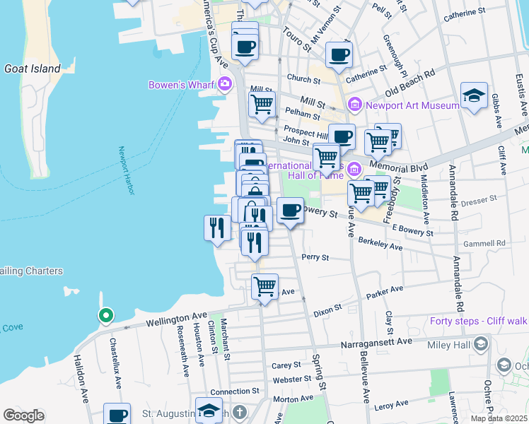 map of restaurants, bars, coffee shops, grocery stores, and more near 448 Thames Street in Newport