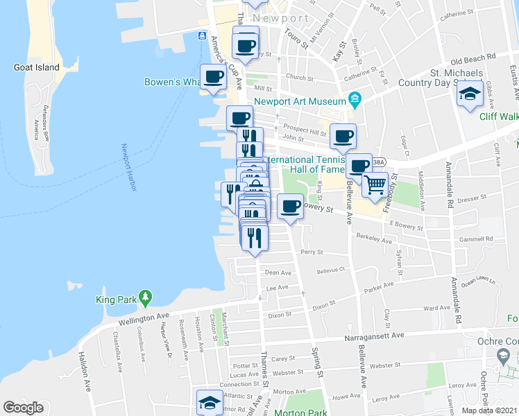 map of restaurants, bars, coffee shops, grocery stores, and more near 448 Thames Street in Newport