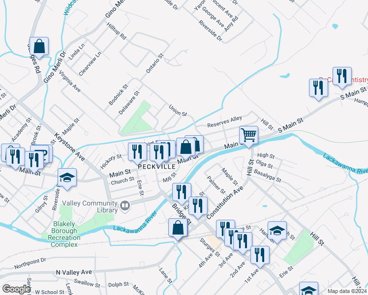 map of restaurants, bars, coffee shops, grocery stores, and more near 440 Main Street in Blakely
