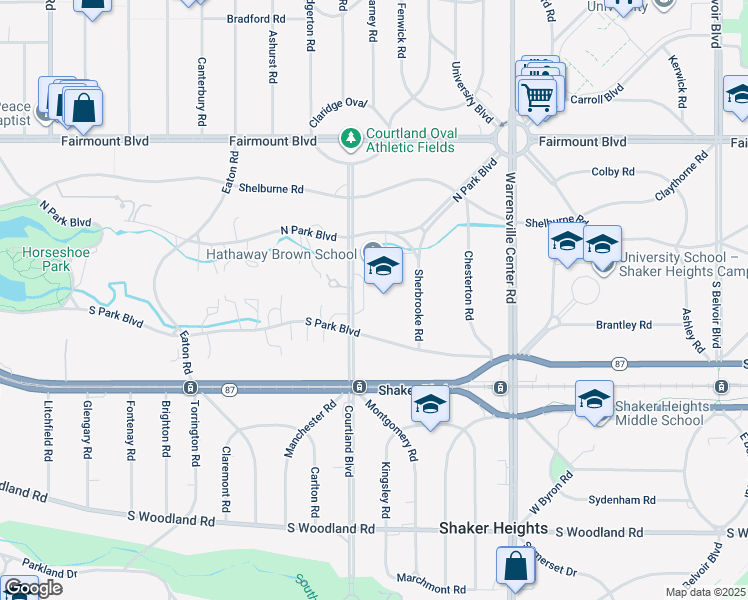 map of restaurants, bars, coffee shops, grocery stores, and more near 19600 South Park Boulevard in Shaker Heights