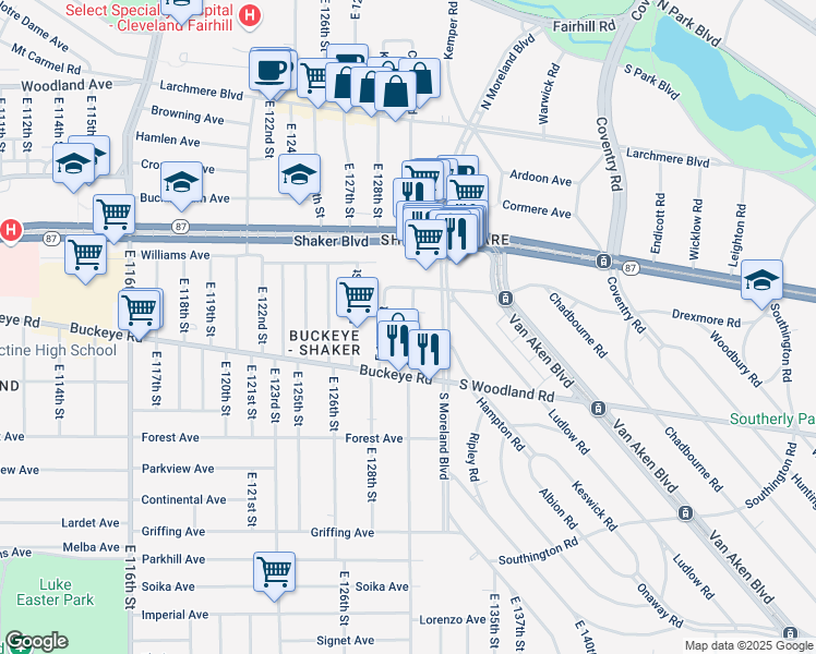 map of restaurants, bars, coffee shops, grocery stores, and more near 2829 East 128th Street in Cleveland