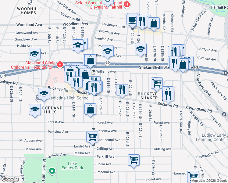 map of restaurants, bars, coffee shops, grocery stores, and more near 11819 Buckeye Road in Cleveland