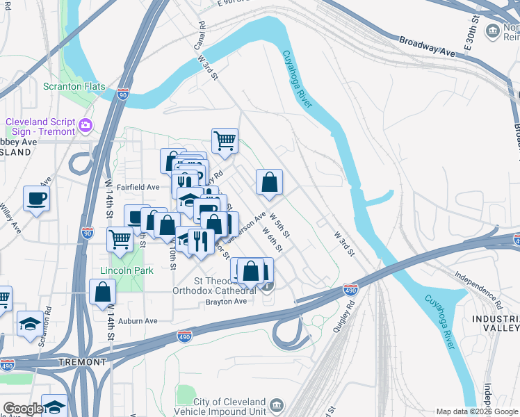 map of restaurants, bars, coffee shops, grocery stores, and more near 518 Jefferson Avenue in Cleveland