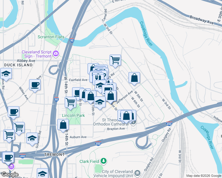 map of restaurants, bars, coffee shops, grocery stores, and more near 812 College Avenue in Cleveland