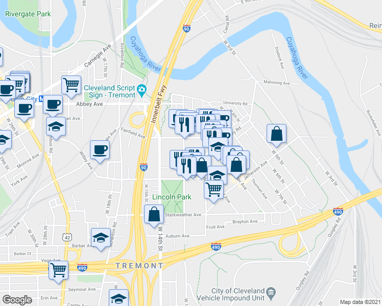 map of restaurants, bars, coffee shops, grocery stores, and more near 2289 West 11th Street in Cleveland