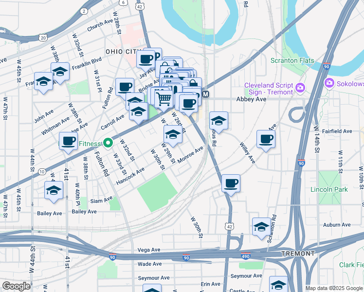 map of restaurants, bars, coffee shops, grocery stores, and more near 2191 West 28th Street in Cleveland
