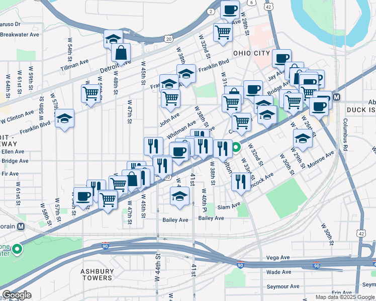 map of restaurants, bars, coffee shops, grocery stores, and more near 1943 Randall Road in Cleveland