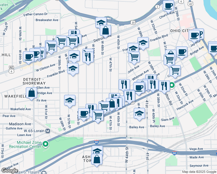 map of restaurants, bars, coffee shops, grocery stores, and more near 1907 West 47th Street in Cleveland