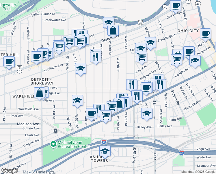 map of restaurants, bars, coffee shops, grocery stores, and more near 189 Bridge Court in Cleveland