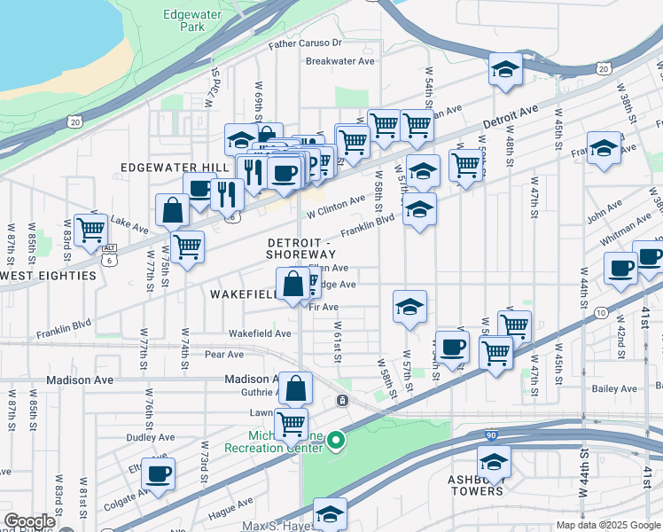map of restaurants, bars, coffee shops, grocery stores, and more near 6302 Bridge Avenue in Cleveland
