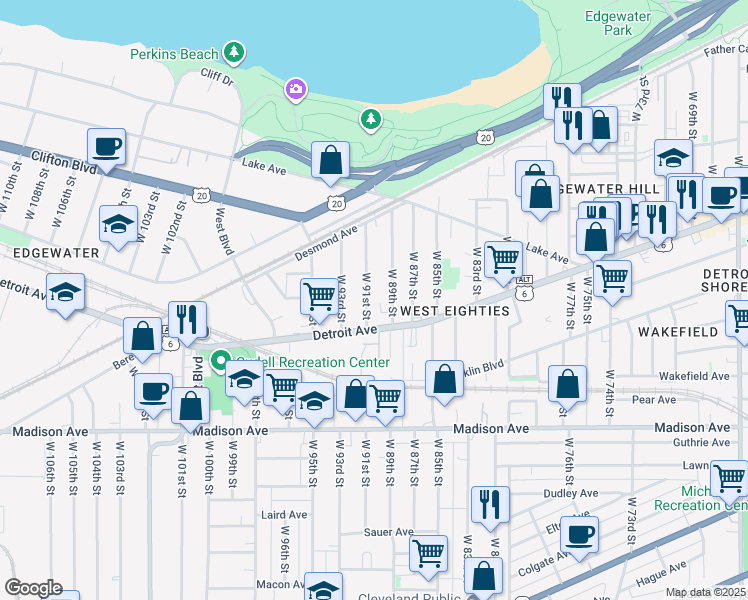 map of restaurants, bars, coffee shops, grocery stores, and more near in Cleveland