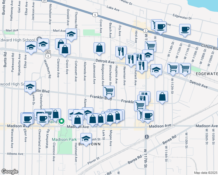 map of restaurants, bars, coffee shops, grocery stores, and more near 1511 Winchester Avenue in Lakewood