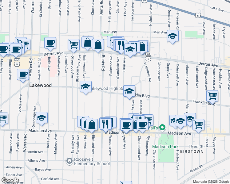 map of restaurants, bars, coffee shops, grocery stores, and more near 1555 Wyandotte Avenue in Lakewood