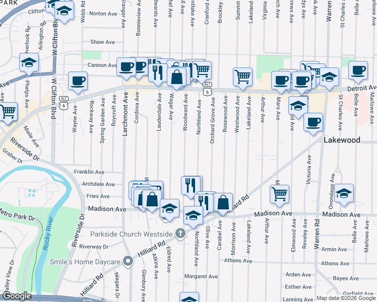map of restaurants, bars, coffee shops, grocery stores, and more near 1551 Woodward Avenue in Lakewood