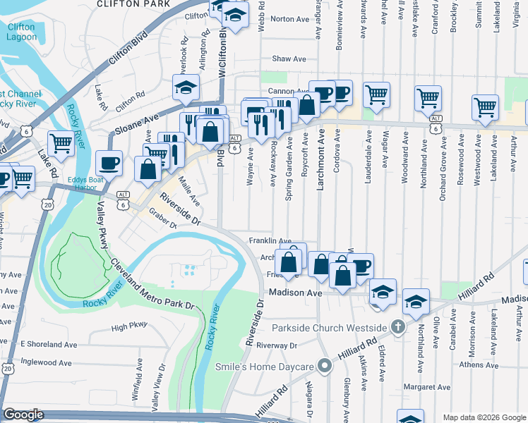 map of restaurants, bars, coffee shops, grocery stores, and more near 1523 Wayne Avenue in Lakewood