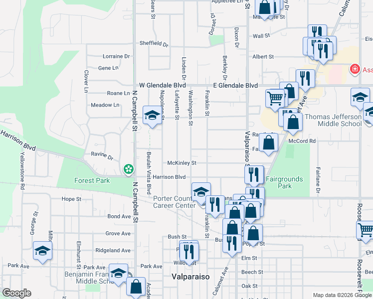 map of restaurants, bars, coffee shops, grocery stores, and more near 1301-1399 Washington Street in Valparaiso