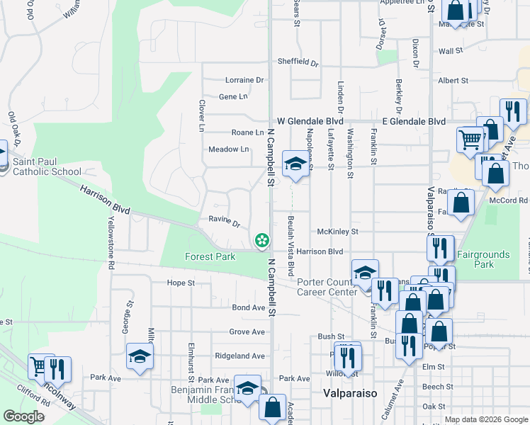 map of restaurants, bars, coffee shops, grocery stores, and more near 1213 Campbell Street in Valparaiso