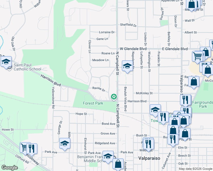 map of restaurants, bars, coffee shops, grocery stores, and more near 552 Ravine Drive in Valparaiso
