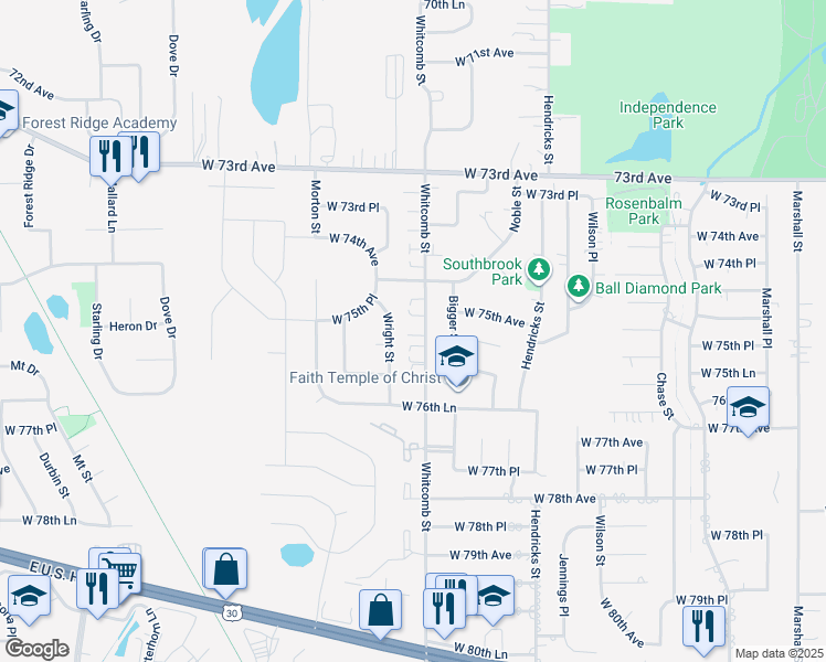 map of restaurants, bars, coffee shops, grocery stores, and more near 7573 Wright Street in Merrillville