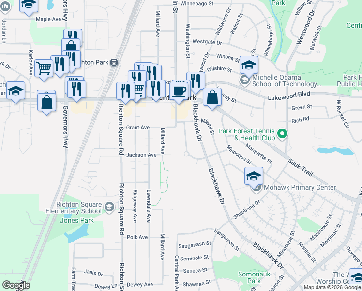 map of restaurants, bars, coffee shops, grocery stores, and more near 3616 Jackson Avenue in Richton Park