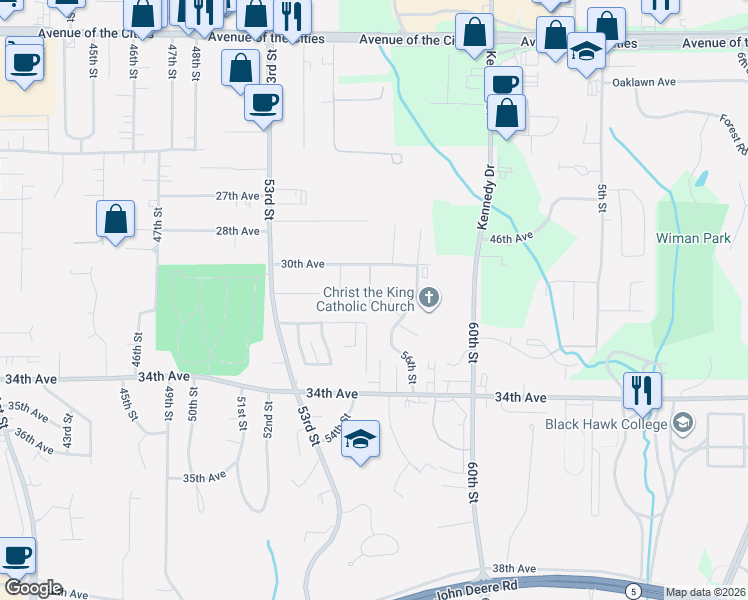 map of restaurants, bars, coffee shops, grocery stores, and more near 5523 31st Avenue Court in Moline