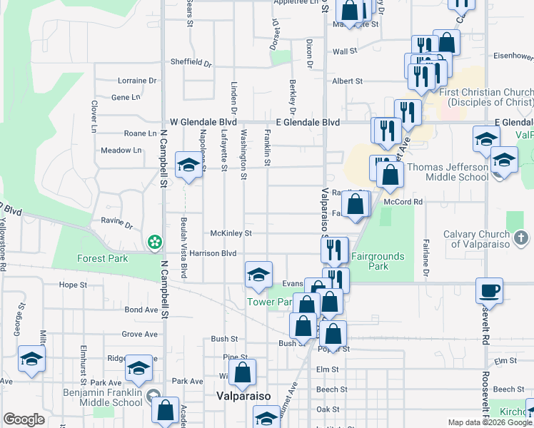 map of restaurants, bars, coffee shops, grocery stores, and more near 1401 Franklin Street in Valparaiso