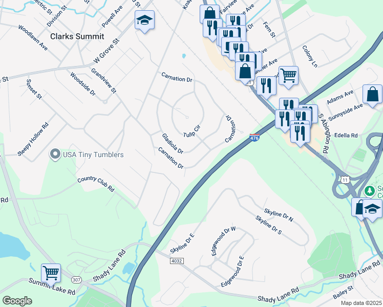 map of restaurants, bars, coffee shops, grocery stores, and more near 534 Gladiola Drive in Clarks Summit