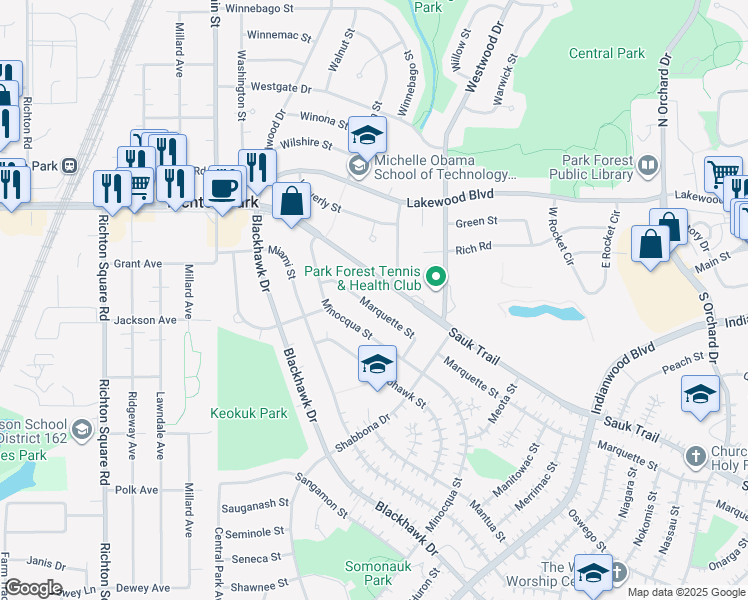 map of restaurants, bars, coffee shops, grocery stores, and more near 336 Marquette Street in Park Forest