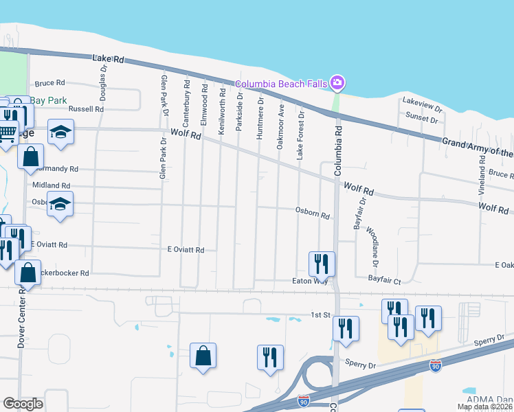 map of restaurants, bars, coffee shops, grocery stores, and more near 499 Huntmere Drive in Bay Village