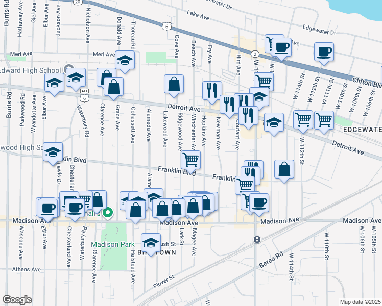 map of restaurants, bars, coffee shops, grocery stores, and more near 1511 Winchester Avenue in Lakewood