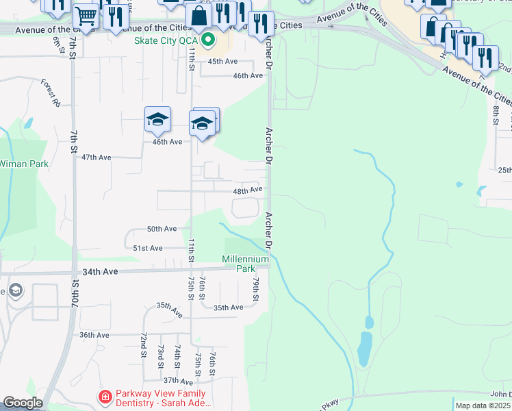 map of restaurants, bars, coffee shops, grocery stores, and more near 1225 49th Avenue Court in East Moline