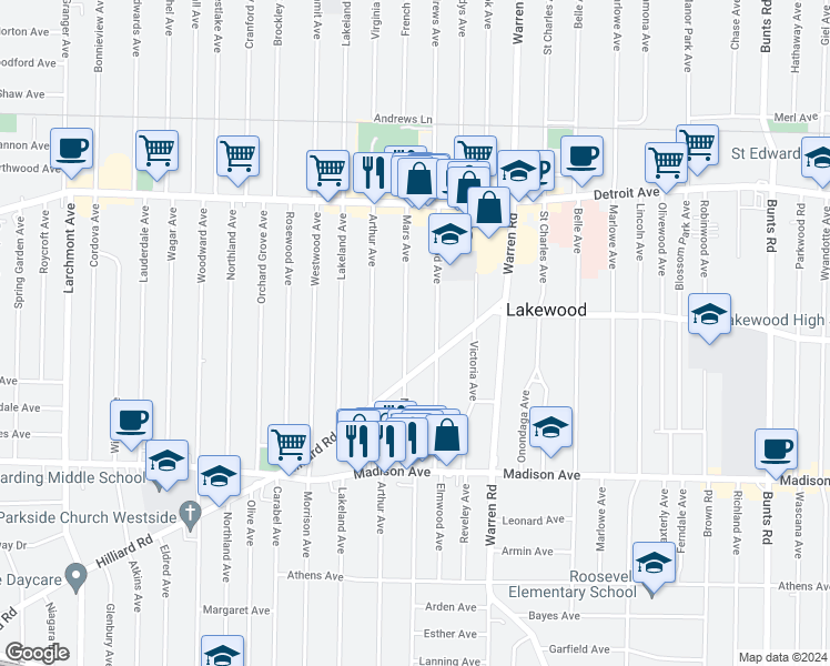 map of restaurants, bars, coffee shops, grocery stores, and more near 1535 Mars Avenue in Lakewood