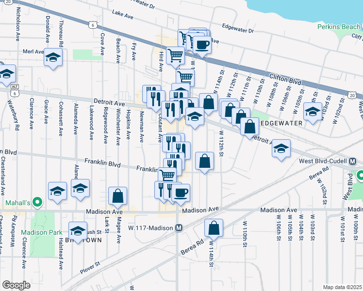 map of restaurants, bars, coffee shops, grocery stores, and more near 1478 West 116th Street in Cleveland