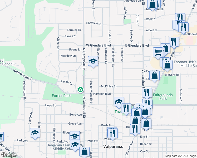 map of restaurants, bars, coffee shops, grocery stores, and more near 1308 Napoleon Street in Valparaiso