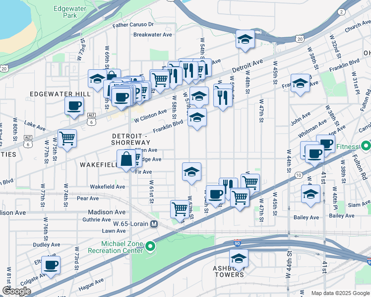 map of restaurants, bars, coffee shops, grocery stores, and more near 1820 West 57th Street in Cleveland