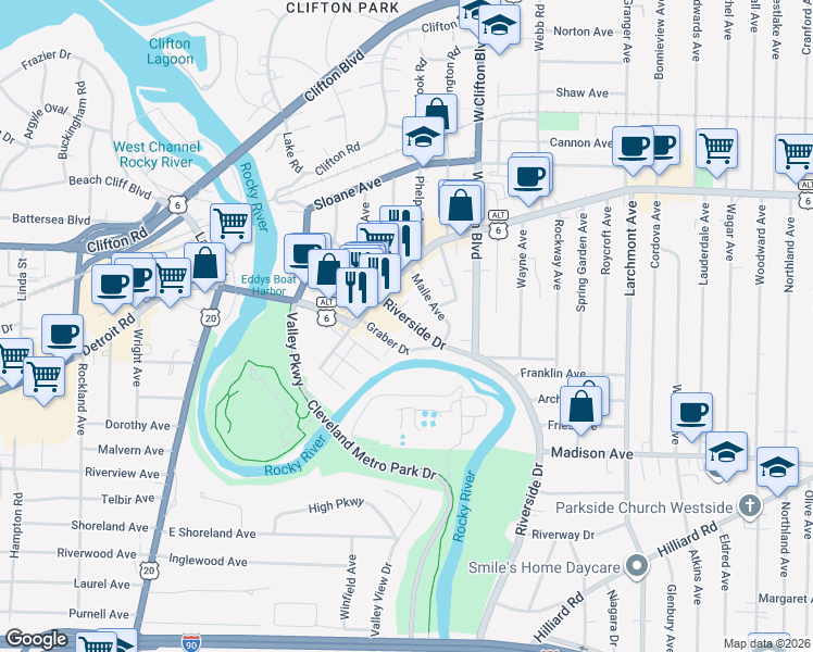 map of restaurants, bars, coffee shops, grocery stores, and more near 1444 Riverside Drive in Lakewood