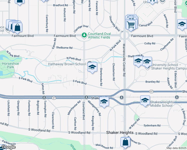map of restaurants, bars, coffee shops, grocery stores, and more near 19600 North Park Boulevard in Shaker Heights