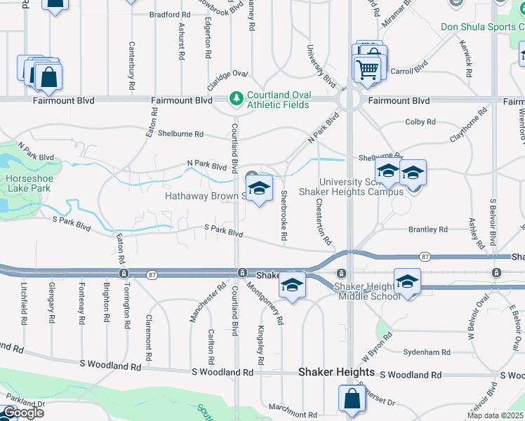 map of restaurants, bars, coffee shops, grocery stores, and more near 19600 South Park Boulevard in Shaker Heights