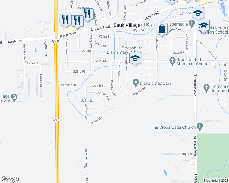 map of restaurants, bars, coffee shops, grocery stores, and more near 22435 Chappel Avenue in Sauk Village
