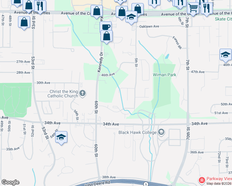 map of restaurants, bars, coffee shops, grocery stores, and more near 453 47th Avenue in East Moline