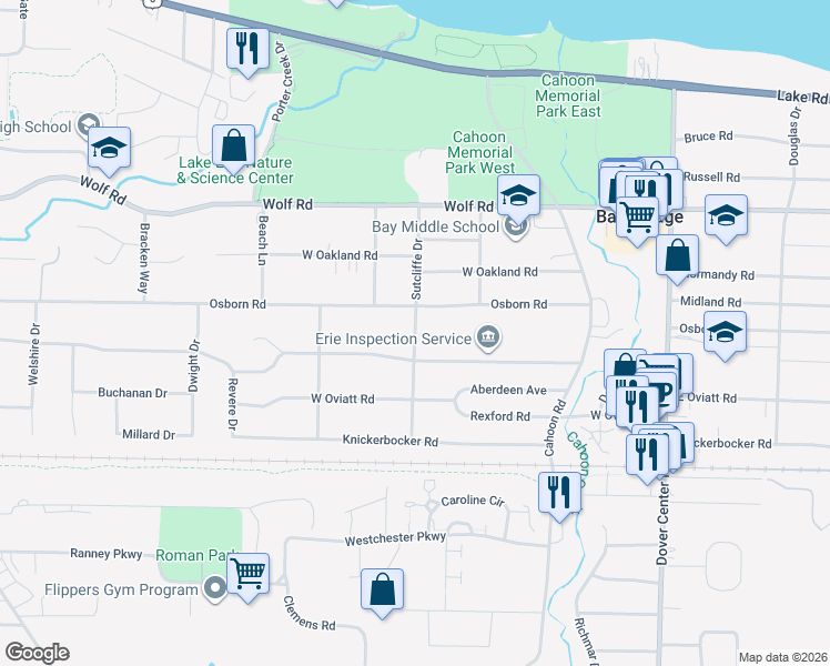 map of restaurants, bars, coffee shops, grocery stores, and more near 599 Sutcliffe Drive in Bay Village