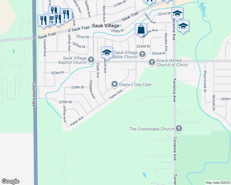 map of restaurants, bars, coffee shops, grocery stores, and more near 22438 Yates Avenue in Sauk Village