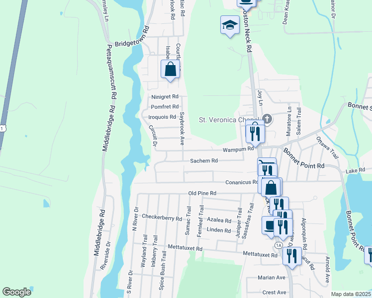 map of restaurants, bars, coffee shops, grocery stores, and more near 32 Saybrook Avenue in Narragansett