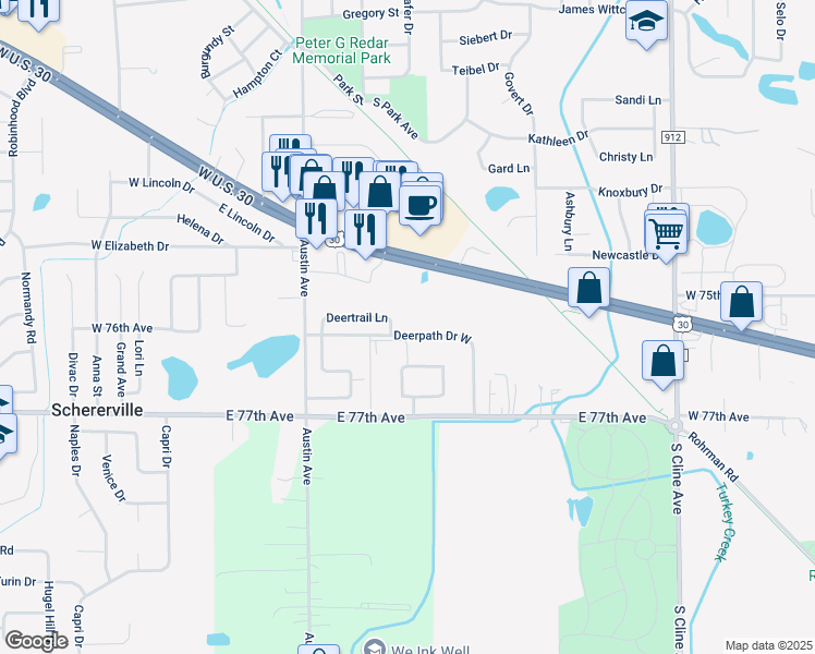 map of restaurants, bars, coffee shops, grocery stores, and more near 343 Deerpath Drive West in Schererville