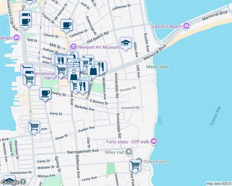 map of restaurants, bars, coffee shops, grocery stores, and more near 41 Annandale Road in Newport