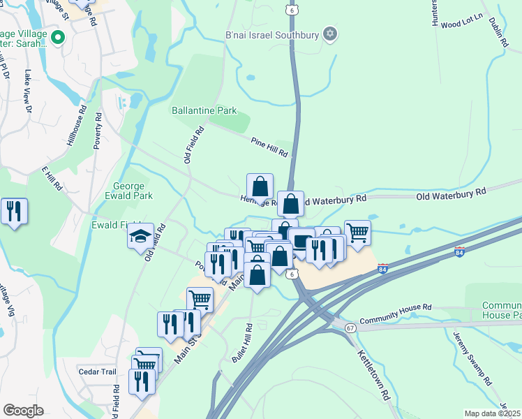 map of restaurants, bars, coffee shops, grocery stores, and more near 55 Heritage Road in Southbury