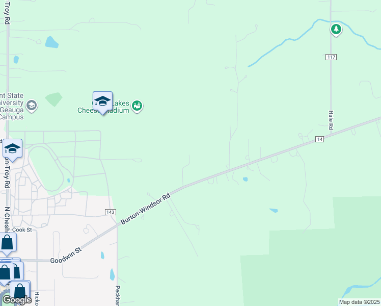 map of restaurants, bars, coffee shops, grocery stores, and more near 14253 Burton-Windsor Road in Burton
